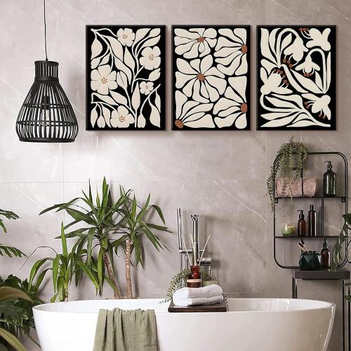 QGNBGBJ Framed Black Boho Flowers Plant Wall Art Abstract Botanical Flower Canvas Poster Vintage Bohemian Neutral Floral Prints Wall Decor Trendy Black Beige Floral Set for Girl Bedroom