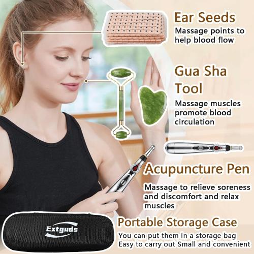 Acupuncture Super Set: 5-Head Electronic Acupuncture Pen   Gua Sha Tool   Ear Seeds   Retractable Acupuncture Pen   4 x Extra Massaging Gel   Tweezers Chart Batteries (Acupuncture Set(with A new bag))