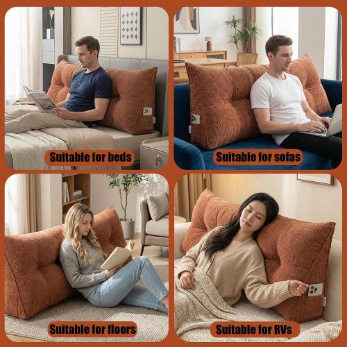 King Size Headboard Pillow King Wedge Pillow Headboard,with Removable Cover and Two Large Side Pockets,for Beds, Sofas, Floors, Etc.Especially for Sitting or Reading in Bed(Cloud Orange)