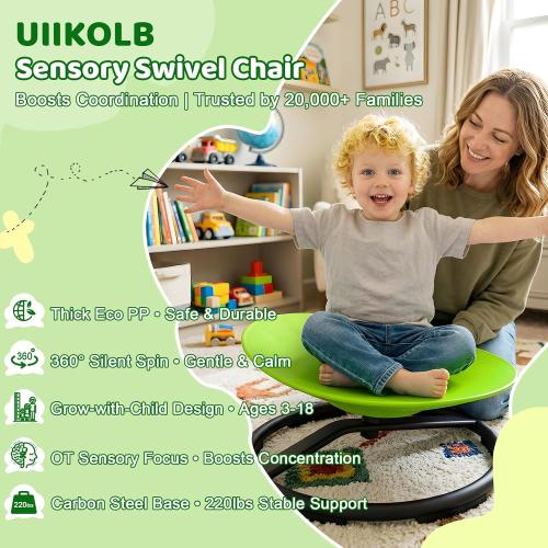 Spinning Chair for Autistic Kids - Sensory Swivel Seat with 220 lbs Weight Capacity & Non-Slip Base, Improves Balance & Coordination, Sit and Spin Sensory Toy for ADHD/Autism, Ages 3  (Green)