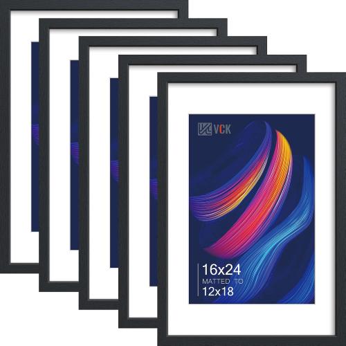 VCK 16x24 Picture Frame Black - 5 Pack, with Wood Grain Finish & Plexiglass, Displays 12x18 Photo with Mat or 16 x 24 Without, for Horizontal/Vertical Wall Hanging in Home, Office, or Gallery