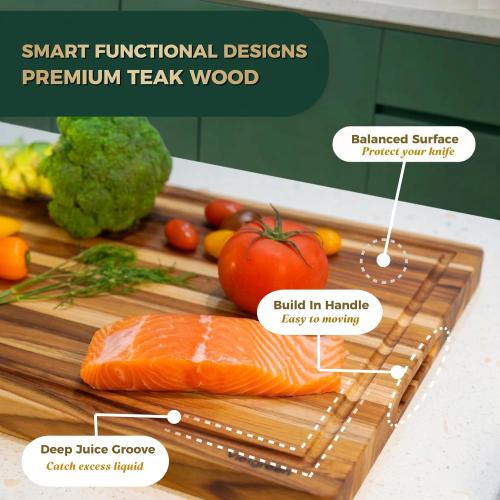 Teak Wood Cutting Boards for Kitchen, [18 x 14 x 1.25] Medium Wooden Cutting Boards, Knife Friendly Butcher Block Cutting Board with Deep Juice Grooves and Built in Handle