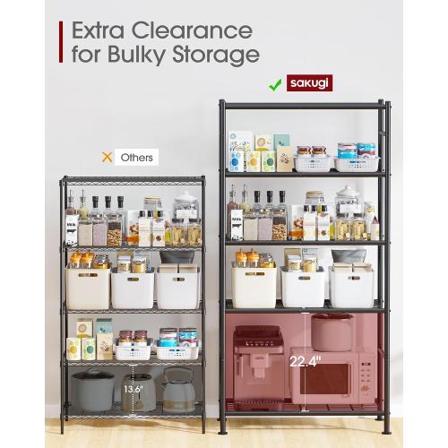 Sakugi Storage Shelves - 5 Tier Shelf Organizer, Heavy Duty Garage Shelving Unit with Leveling Feet, Stable Metal Shelves Organizer for Pantry, Kitchen and Closet, 33.0 W x 12.6 D x 72.0 H, Black