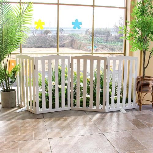 WHITE ZJSF Foldable Freestanding Indoor Dog Gate for House Wood White Long Pet Gates Dog Fence for Stairs Puppy Gates for Hallways,Pet Fence, Puppy Gate,Support Feet Included 24 Height-3 Panels