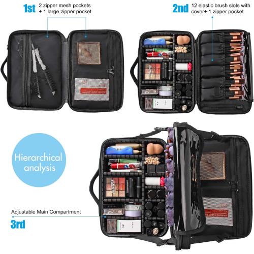 Relavel Travel Makeup Train Case Makeup Cosmetic Case Organizer Portable Artist Storage Bag with Adjustable Dividers for Cosmetics Makeup Brushes Toiletry (medium black)