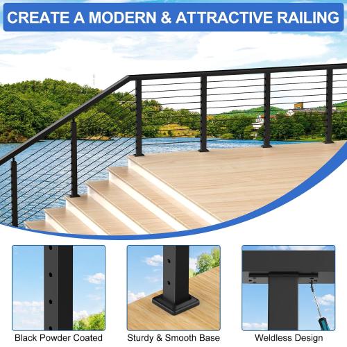 BLACK 4-12ft Complete Set 36 Cable Railing Post Kits, Stainless Steel Black Level Drilled Line Posts(35x2x2)4 Pack, 1/8 Wire Rope with Cutter(No Handrail), Swageless Deck Cable Railing, MY07-LP