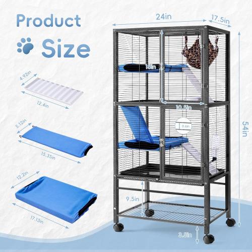 HABUTWAY 55''H Large Metal Rolling Ferrets Cage, Cage for Rats/Chinchillas, 0.5'' Bar Spacing for Ferret,Small Animal Cage w/Removable Ramp & Platform