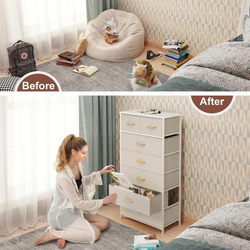 Crestlive Products Vertical Dresser Storage Tower - Sturdy Steel Frame, Wood Top, Easy Pull Fabric Bins, Wood Handles - Organizer Unit for Bedroom, Hallway, Entryway, Closets - 7 Drawers (Beige)