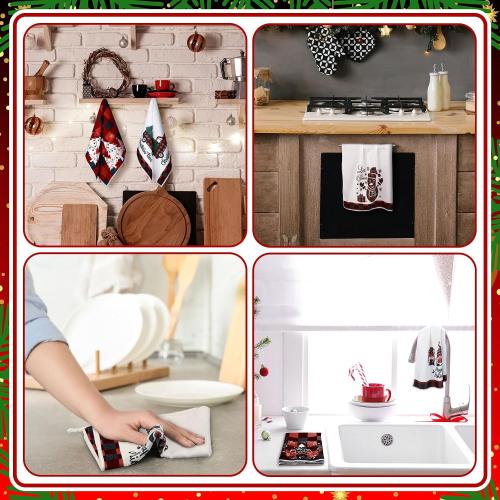 Sratte 6 Pcs Winter Kitchen Towels Snowman Gnome Truck Dish Towel Absorbent Red Black Buffalo Plaid Bathroom Hand Towels Farmhouse Winter Tea Towel for Kitchen Bathroom Decoration Housewarming Gift