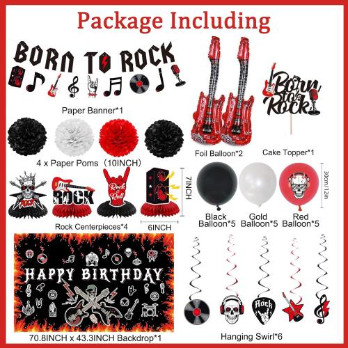Crenics Rock and Roll Birthday Party Decorations - Happy Birthday Backdrop, Born to Rock Banner, Swirls, Honeycomb, Paper Pom Poms and Balloons for Star Music Decorations
