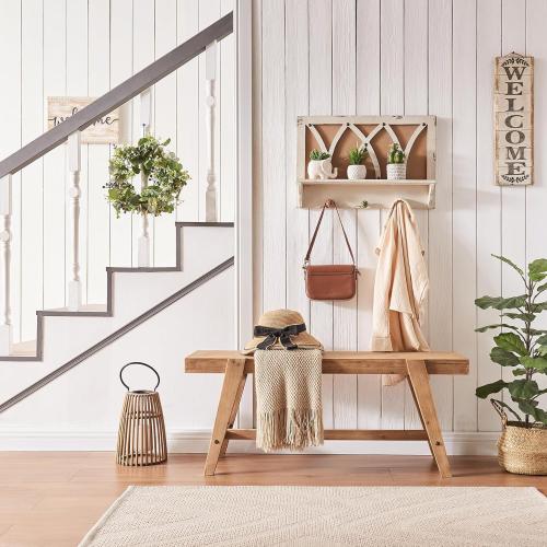 Farmhouse Solid Wood Entryway Bench – 43.4 Inches Rustic Long Bench, Dining Bench with Angled Legs, Hand-Finished Natural Grain, for Foyer, Hallway, Bedroom