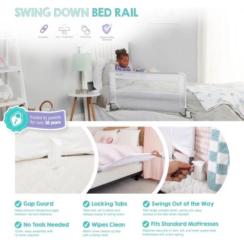Regalo Swing Down Toddler Bed Rail Guard, NO Tools Required, Bed Rail for Toddlers with Patented Gap Guard, Toddler Bed Rail, Fits Twin, Full & Queen Beds, Bed Safety Rail for Kids Bed, 43” Long