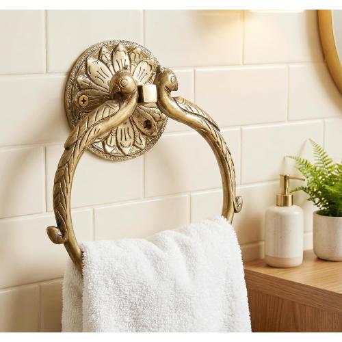 7.5 Inches - Brass Hand Towel Hanger Holder | Hand Towel Hanger Holder | Towel Holder for Bathroom in Twin Peacock Design
