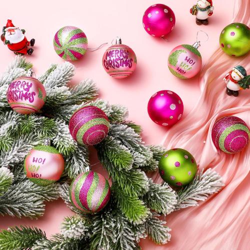 Vercraft 12 Pcs 2.4 Inch Christmas Ball Ornaments for Tree, Xmas Glittering Hanging Bulbs Pink and Green Plastic Pendants Baubles for Christmas Tree Ornaments Xmas Holiday Party Decor Favors