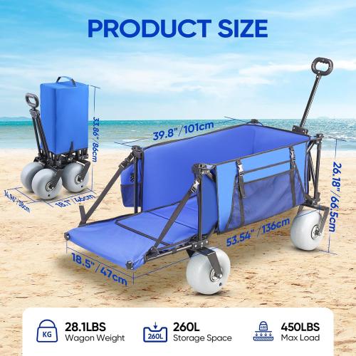 Blue Beach Wagon with Big Wheels for Sand, Extra Large Beach Cart with All-Terrain Balloon Wheels, Heavy Duty Folding Wagon, Adjustable Handle, for Outdoors & Fishing