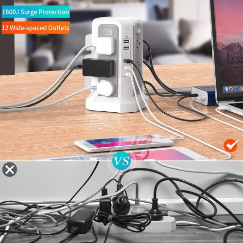 Surge Protector Power Strip Tower with PD18W USB C Port,10FT Extension Cord with 12 AC Mutiple Outlets 5 USB Charging Ports, PASSUS Power Tower Surge Protection for Home Office Dorm Room
