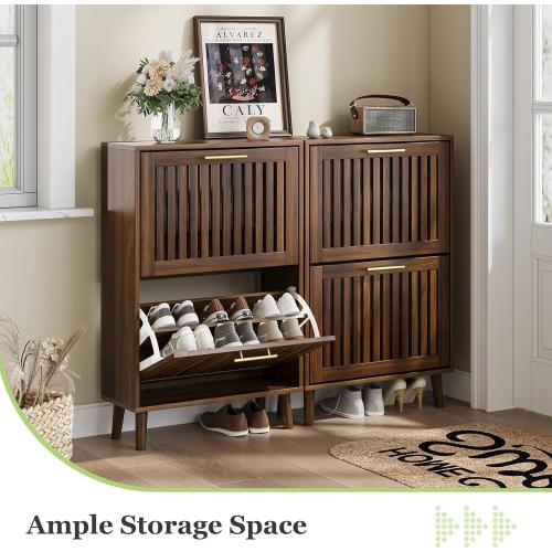 Shoe Cabinet, Shoe Storage Cabinet with Louvered 2 Flip Drawers, Narrow Shoe Cabinet Storage for Entryway, Freestanding Shoe Organizer Cabinet with Golden Handles, Slim Shoe Rack Cabinet (Walnut)