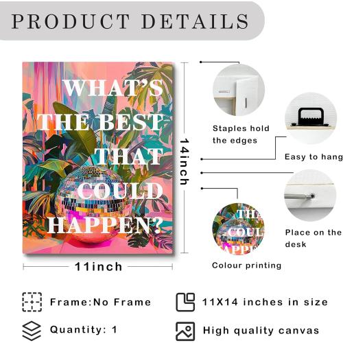 JWVK What's the Best that Could Happen Sign Canvas Wall Art Prints, Eclectic Home Decor, Trendy Funky 70s Retro Disco Ball Inspirational Positive Wall Decor Posters for Home Office, 11x14 Inch Framed