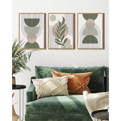 Drsoum 11x14in Boho Wall Art Green Sage Decor Framed Wood Modern Bohemian Abstract Geometry Canvas Prints Ready to Hang