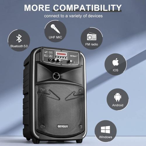 Portable Bluetooth PA System with Wireless UHF Microphone, 8 inch Rechargeable Karaoke Machine,8 inch Subwoofer,FM/LED/TWS/LINE in (GTSK8-2)
