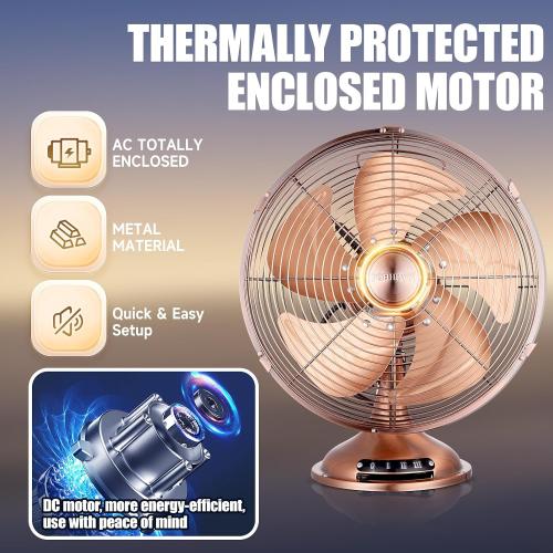 Size 12 Color Copper Oscillating Vintage Fan, All Metal 12 Retro Table Top Fan, Adjustable Head Tilt, Quiet 3 Speeds Plug-In Desk Fan for Bedroom Home Office & Kitchen