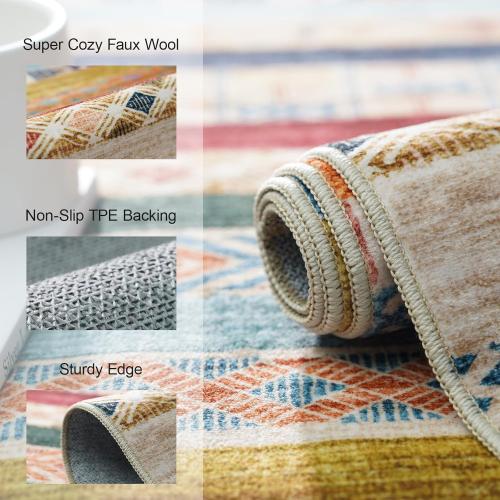 8x10 Washable Area Rug: Moroccan Large Neutral Boho Area Rug for Living Room & Bedroom Geometric Non-Slip Farmhouse Carpet for Living Room Red&Blue Colourful 8'x10'.