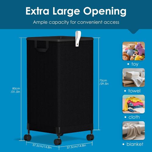 Laundry Basket With Wheels 105L, Large Rolling Laundry Hamper With Removable Bag, Metal Frame Collapsible Dirty Clothes Bin, Cloth Organizer Hampers Pull Handle For Bathroom, Dorm, Bedroom Black