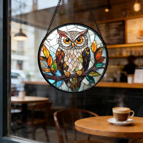 DASTOLL Stained Glass Window Hanging, Owl Colorful Leaves Birds Sun Catchers Diamond Glass Panel Hangings Suncatcher Decor for Birthday for Women, Men, Wife, Aunt, and Mom 14.9x14.9 in