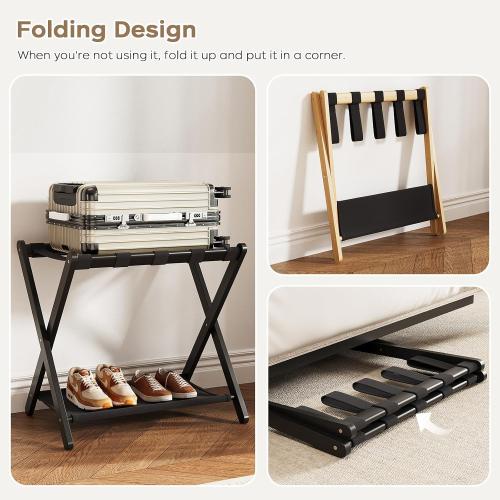 Fully Assembled Black Luggage Rack for Guest Room, Bamboo Folding Suitcase Stand with Fabric Storage Shelf, 5 Nylon Straps, Upgraded Luggage Rack Holder for Bedroom Hotel, Holds up to 165 Lbs, 1pcs