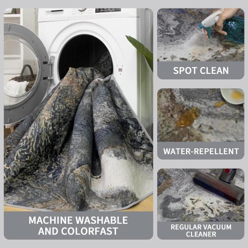 Modern Washable Rug for Living Room: Abstract Area Rugs for Bedroom Low Pile Non Slip - Stain Resistant Carpet for Dining Room Indoor - Grey Gold