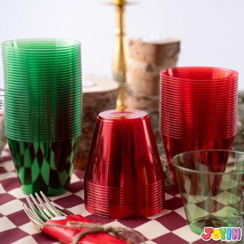 JOYIN 72 PCS Disposable Plastic Drinking Cups, 9 OZ Christmas Clear Plastic Party Cup, Xmas Wine Glasses for Party Supplies, Red Green Cups, Birthday, BBQ, Camping, Family Reunion