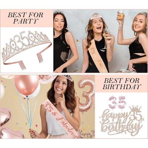35th Birthday Decorations Gifts for Women, Including 35 year old Birthday Cake Topper, Queen Sash with Pearl Pin, Sweet Rhinestone Tiara Crown, Number Candles and Balloons Set, Rose Gold