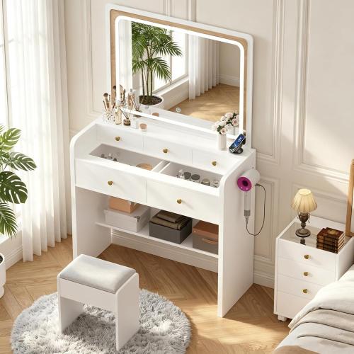 Makeup Vanity Desk Set with LED Lighted Mirror Glass Top Dressing Table & Stool, 5 Storage Drawers, Power Outlet, Hair Rack Stepless Dimmable Lights (3 Color Modes), White (the mirror is broken; see the picture) (NO TEST)