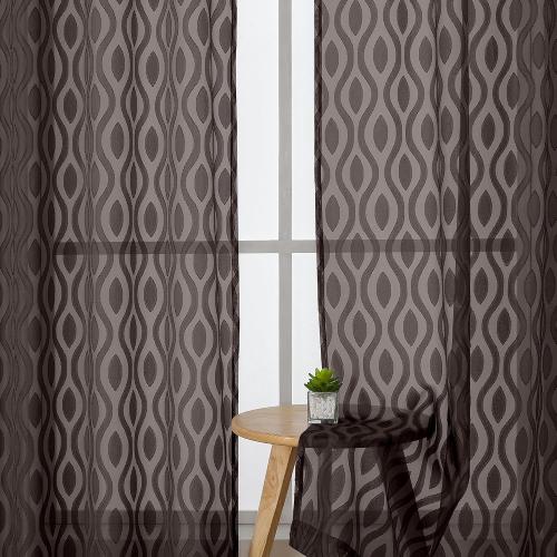 Aiyufeng Brown Valance Curtains 14 Inch Length, Chic Wavy Line Clip Jacquard Sheer Curtains for Basement Bathroom, Lightweight Solid Rod Pocket Small Window Curtains, 2 PCS, 40Wx14L Inch