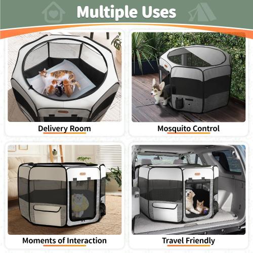 Dog Playpen, Portable Pet Playpen, Puppy Playpen, Cat Playpen with Carrying Case, Dog Playpen for Small Dogs Indoor/ Outdoor, Removable Mesh Shade Cover