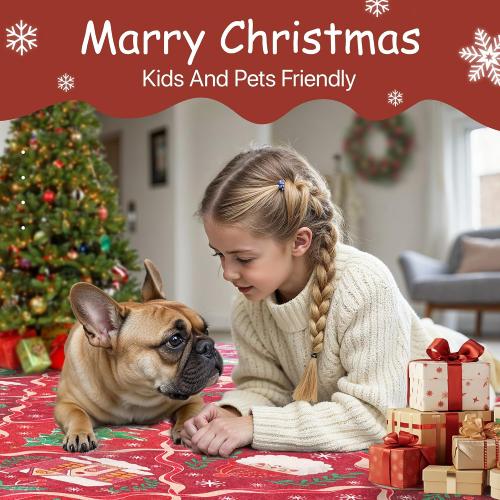 Christmas Area Rug  for Living Room, Washable Rug for Bedroom, Christmas Home Decor, Holiday Print Carpet, Low Pile Non Slip Mat with Rubber Backing, Red Christmas Tale Pattern