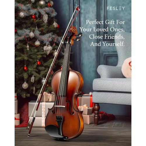 Fesley 4/4 Violin Fiddle Full Set: Matt Violin Kit for Beginners, Acoustic Violin with Hard Case, Solidwood Hand Made Starter Kit with Bow, Shoulder Rest, Tuner, Extra Strings