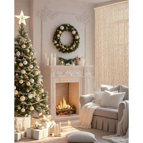 90 Strands Beaded Curtain for Doorways -35.5x79- Handmade Natural Beaded Curtains，Boho Doorway Wood and Bamboo Bead Curtain-As Insect Screen/Room Divider-Beige