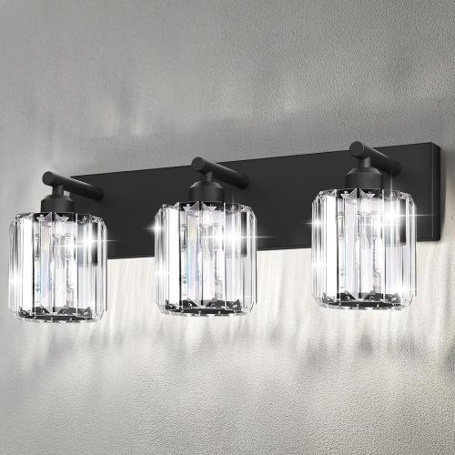 Black Crystal Bathroom Vanity Light, 3-Light Modern Bathroom Lighting Fixtures Over Mirror, Matte Black Wall Sconce Light Fixtures with Round Shade