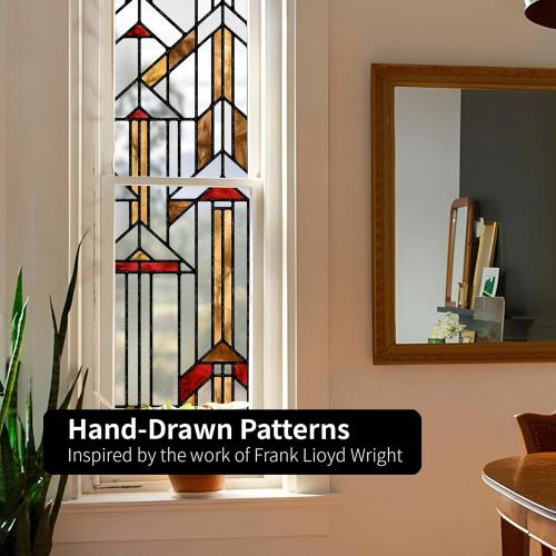 Original Hand Drawn Faux Stained Glass Window Film, Double-Sided Privacy Static Film, Amber Geometry Patterns Inspired by Hollyhock House, See Through 11.02X55.12