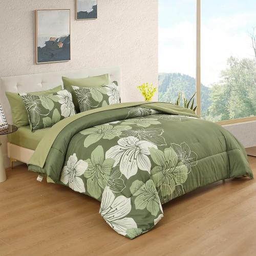 Luxudecor Floral Comforter Set Queen Size, 7 Pieces Bed in a Bag Olive Green Floral Comforter and Sheet Set, Soft Microfiber Green Complete Bedding Sets for All Seasons