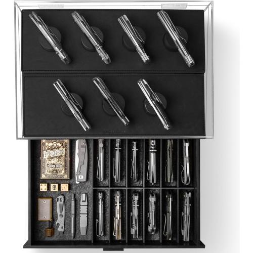 Premium Pocket Knife Display Case for 30 Knives - Large Wooden Knife Organizer, Storage & Holder with Unique Pillars, Hinged Cover, Drawer - Knife Collection Box - Handcrafted for Men