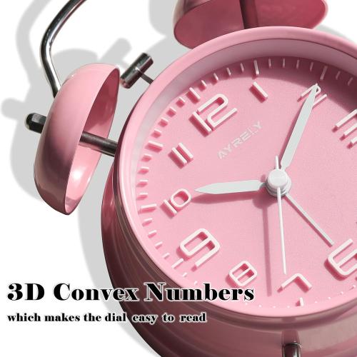 AYRELY® Super Loud Twin Bell Alarm Clock for Heavy Sleepers Adults, 4-Inch Retro Silent Non-Ticking with Night-Light, 3D Raised Number Dial, Battery Operated for Bedroom Bedside (3D Dial – Pink)