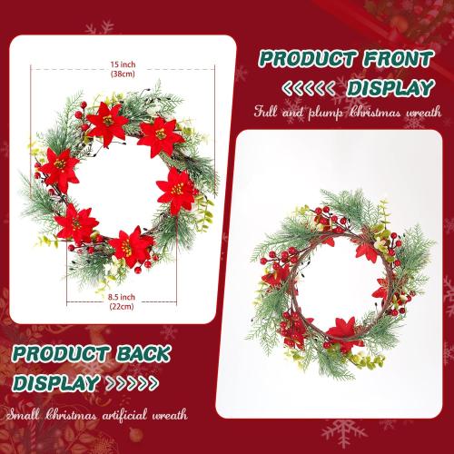14 Inch Christmas Wreath Poinsettias Artificial Flowers Wreath for Front Door Home Wall Window Christmas Winter Holiday Decoration
