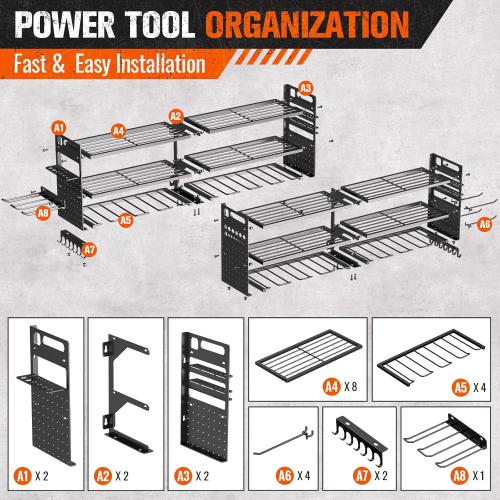 2-Pack Large Power Tool Organizer Wall Mount,Heavy Duty Cordless Tool Organizer with 18 Drill Holder,600 Lbs Capacity 3-Layer Garage Organization for Garage and Workshop (Black)