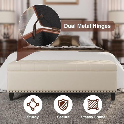 Size 51 Color White Storage Ottoman Bench,51-Inch Large Storage Bench for Bedroom End of Bed, 30 Gallons Faux Leather Ottoman with Storage for Bedroom, Living Room, Entryway, Cream White