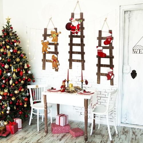 Novabright 3 Pcs Climbing Santa Ladder Wooden Ladder Decor Indoor Christmas Wall Decor for Christmas Interior Party Decoration, Home Decoration 31 in, 27 in, 22.5 in
