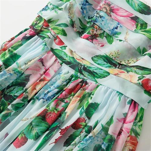Women Size 12 Backless Flower Long Dress Bow Straps High Waist Pleated Beach Dress Chic Large Swing Sundress
