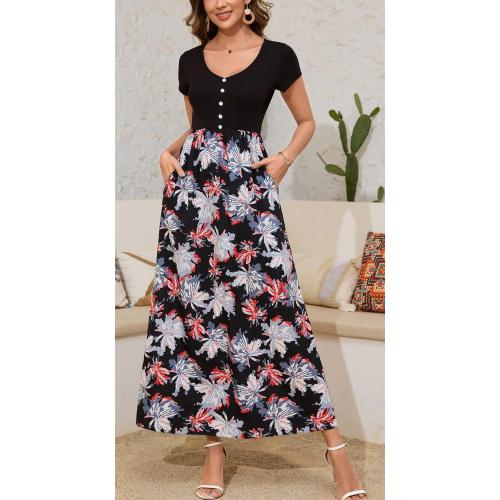 Kormei Women's Short Sleeve V Neck Button Loose Plain Maxi Dresses Casual Summer Tshirt Dress with Pockets small