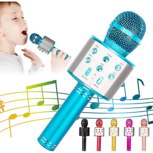 KIDWILL Wireless Bluetooth Karaoke Microphone for Kids, 5-in-1 Portable Handheld Karaoke Mic Speaker Player Recorder with Adjustable Remix FM Radio for Kids Girls Boys Teens Birthday (858-Blue)